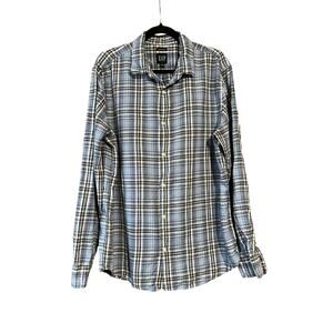 GAP Men’s FLAW Linen Blend Plaid Button-Down Shirt Blue White Long Sleeve Size L